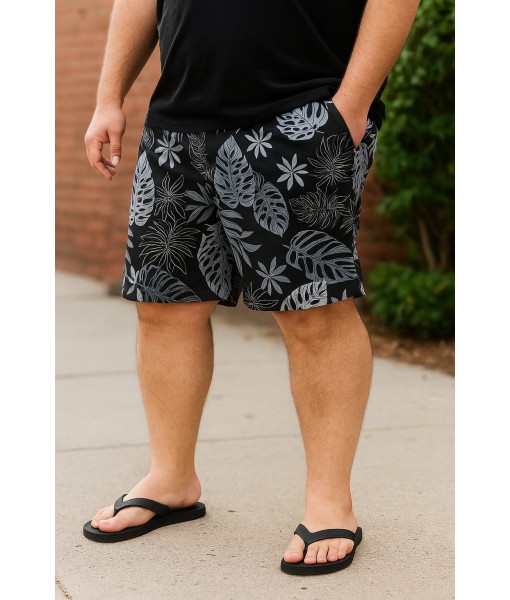 Short Estampado Elastano Plus Size Grande Bermuda praia Preto Folhas